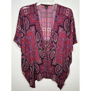 INC Top Womens 8 Kimono Tie Waist Pink Red Paisley Semi Sheer Ruched Back Boho